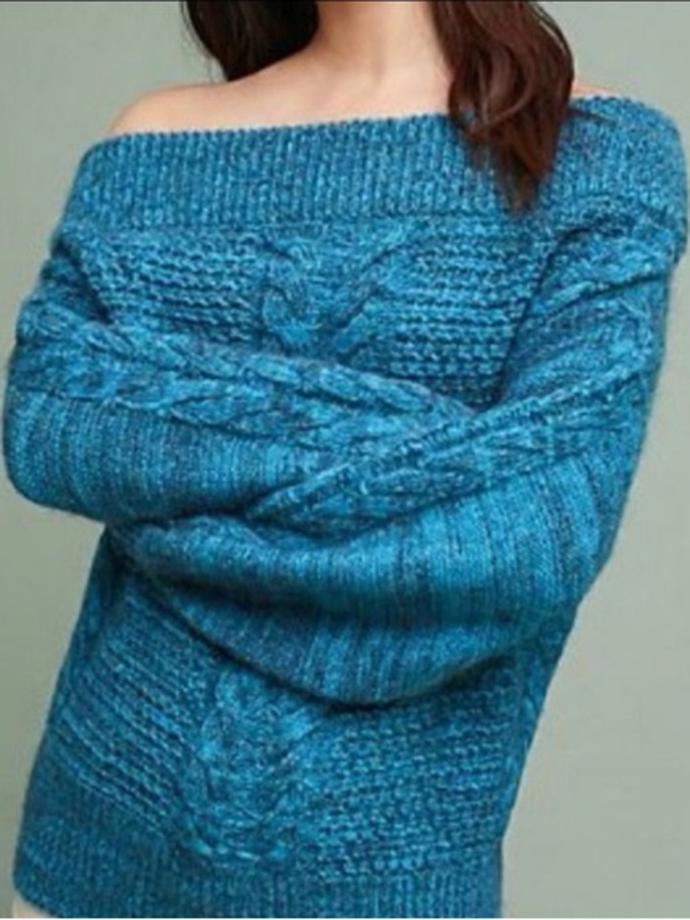 Anthropologie Off-Shoulder Cable Knit Sweater - Teal Blue